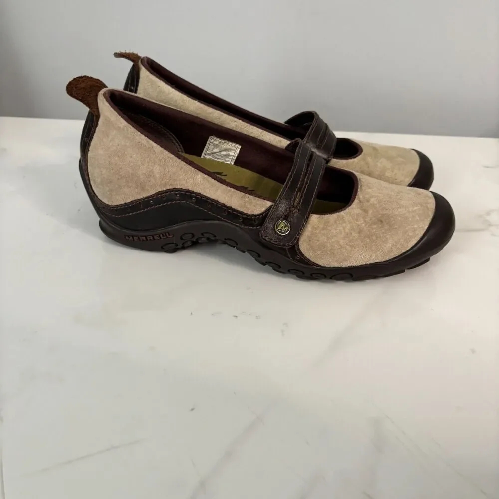 Merrell Women Plaza Bandeau Dark Taupe Suede Leather Mary Jane Shoes Size 8